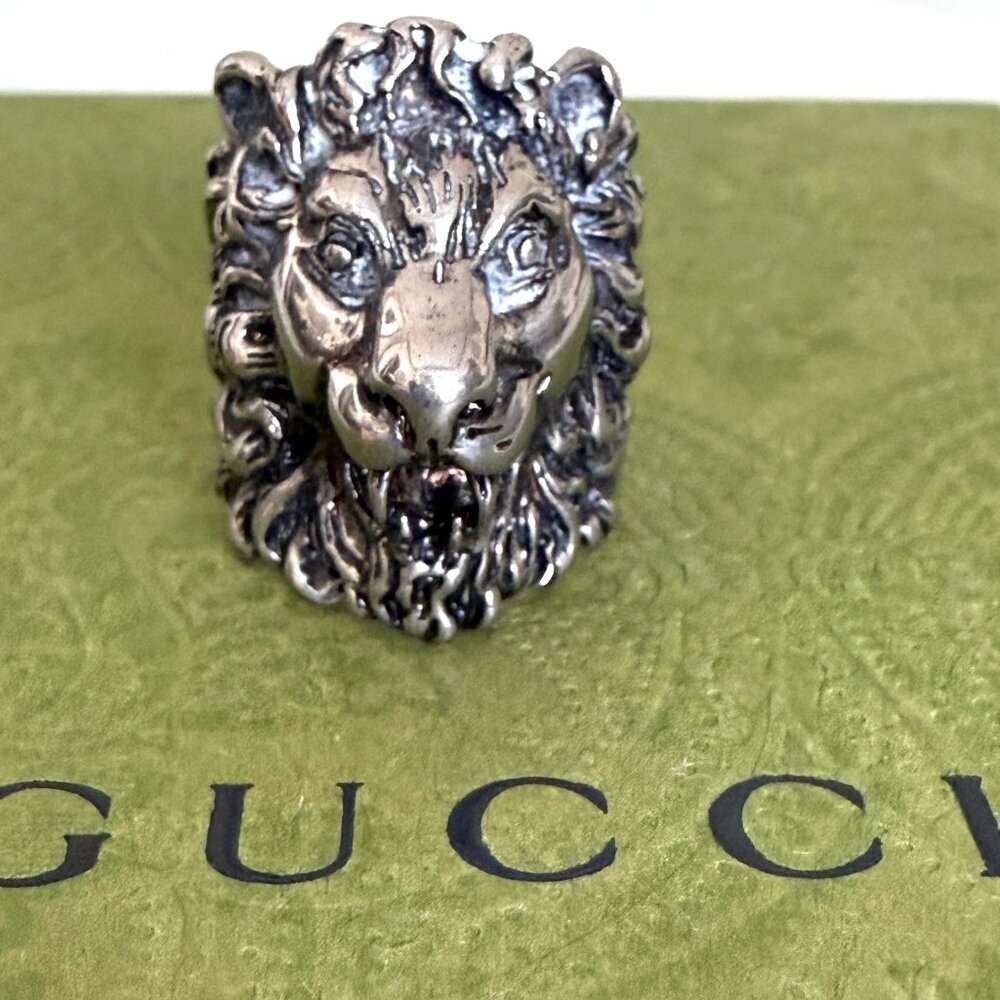 Gucci‎ Silver-tone Brass Lion Head Ring - IT Size 13 or 15
